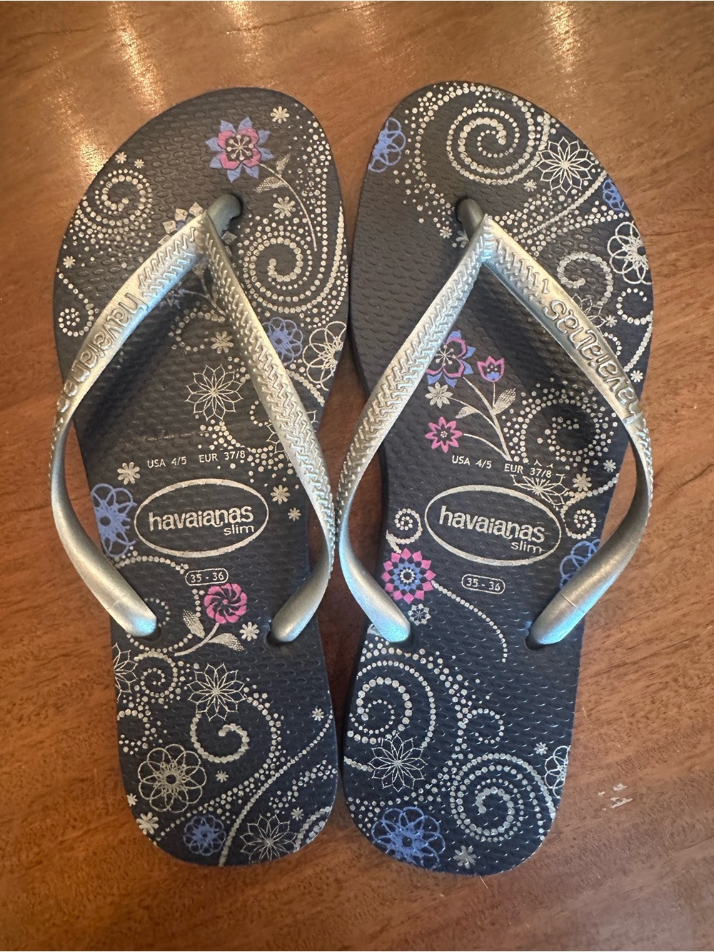 Havaianas Slim Floral Black Flip Flops with Silver Straps